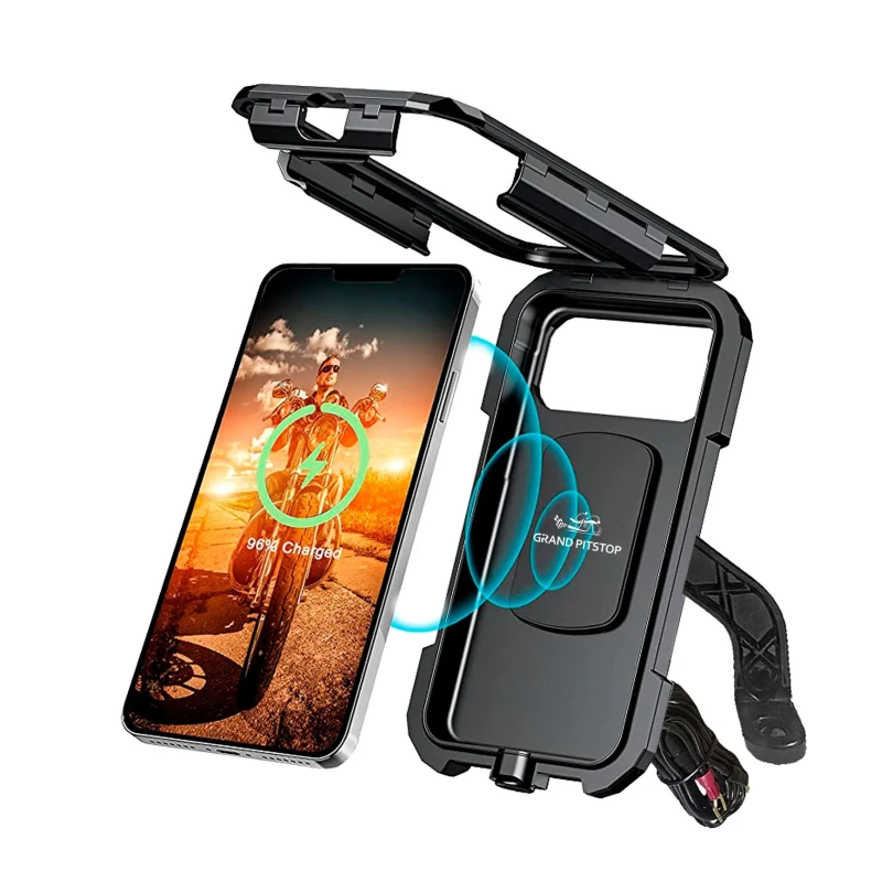 Waterproof Mobile Holder Mirror Mount with 15W Wireless Charger - Black