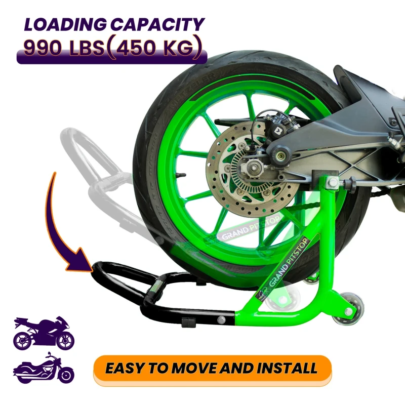 Dismantable Rear Paddock Stand with Skate Wheels - Black + Green - (Bike Wt upto: 450 kgs)